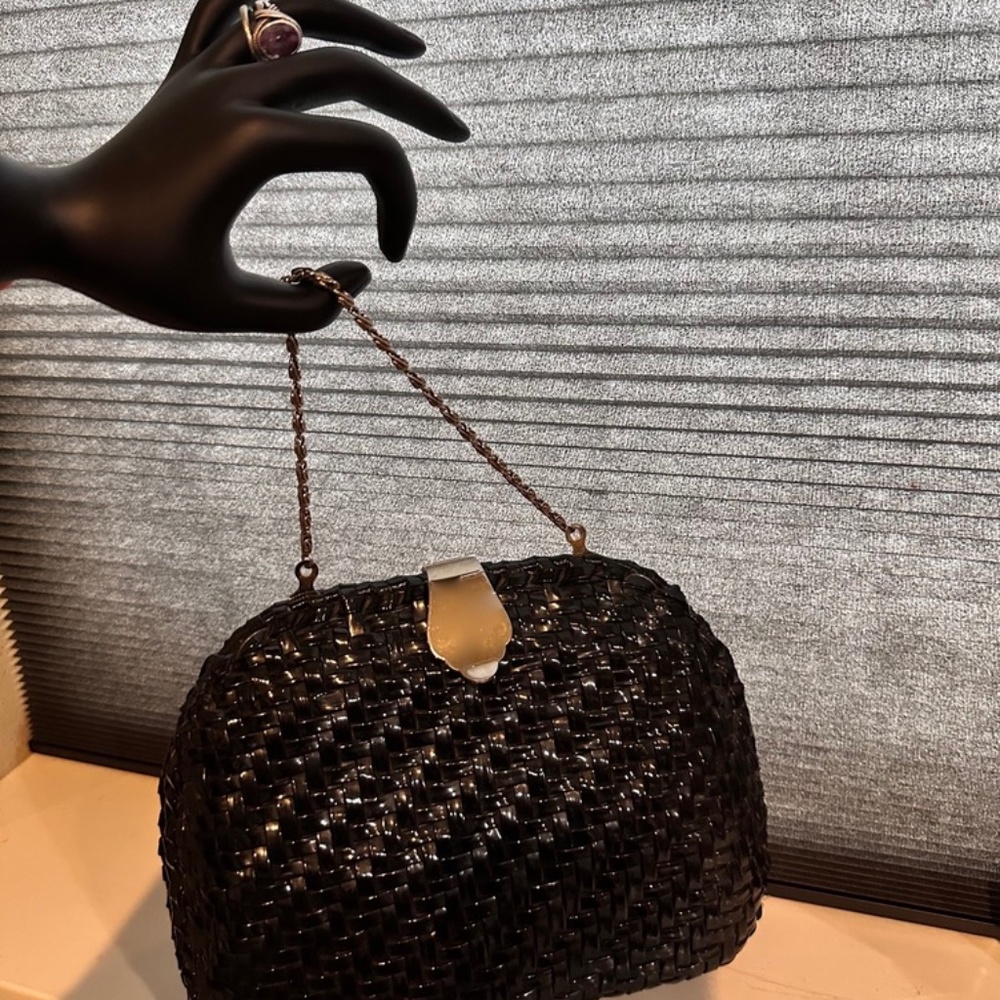 Majid Black Wicker Purse - Vintage 1960 - Vinyl Coated - Cultch or Top Carry